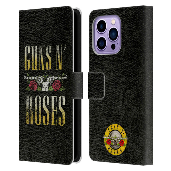 Guns N' Roses Key Art Text Logo Pistol Leather Book Wallet Case Cover For Apple iPhone 14 Pro Max