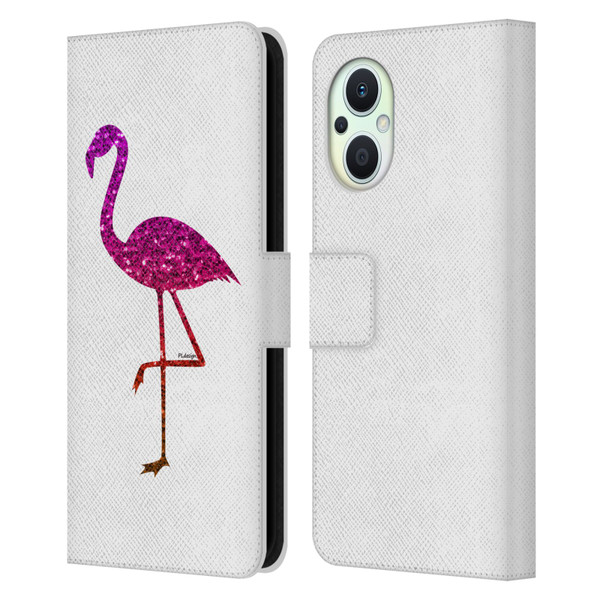 PLdesign Sparkly Flamingo Orange Pink Leather Book Wallet Case Cover For OPPO Reno8 Lite