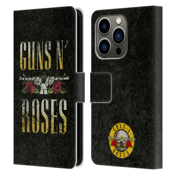 Guns N' Roses Key Art Text Logo Pistol Leather Book Wallet Case Cover For Apple iPhone 14 Pro