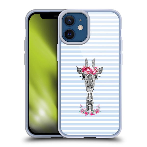 Monika Strigel Flower Giraffe And Stripes Blue Soft Gel Case for Apple iPhone 12 Mini