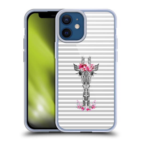 Monika Strigel Flower Giraffe And Stripes Grey Soft Gel Case for Apple iPhone 12 Mini