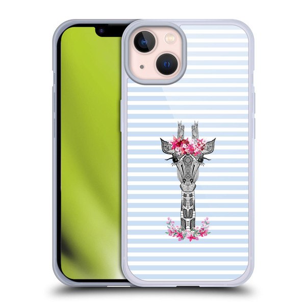Monika Strigel Flower Giraffe And Stripes Blue Soft Gel Case for Apple iPhone 13