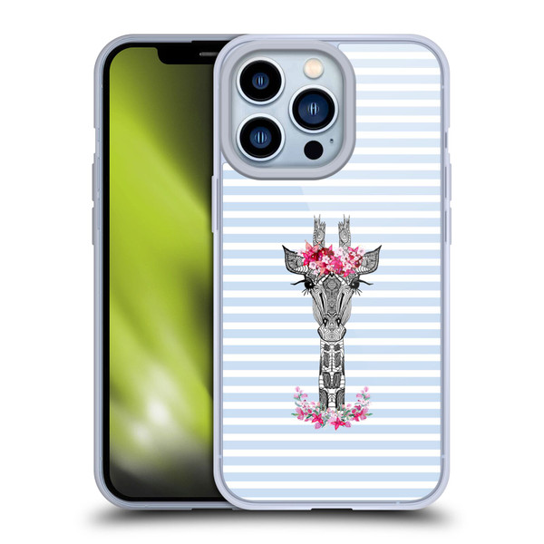 Monika Strigel Flower Giraffe And Stripes Blue Soft Gel Case for Apple iPhone 13 Pro