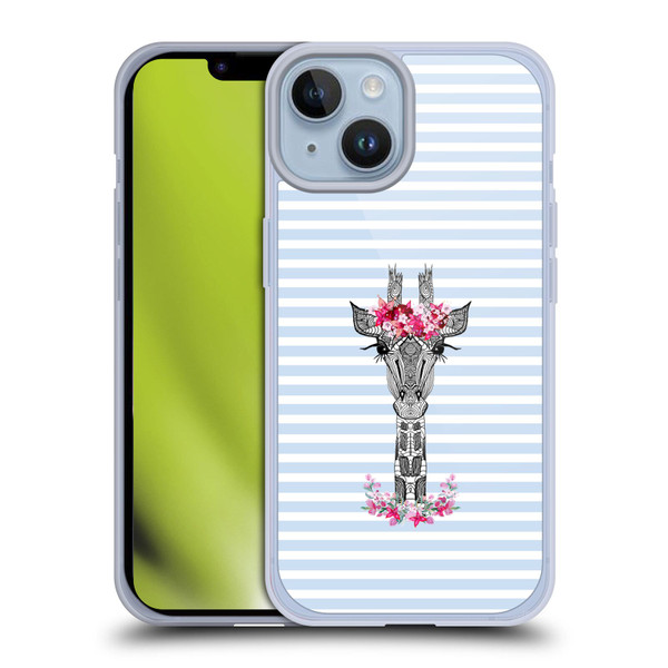 Monika Strigel Flower Giraffe And Stripes Blue Soft Gel Case for Apple iPhone 14