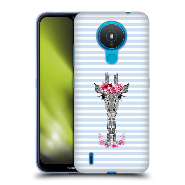 Monika Strigel Flower Giraffe And Stripes Blue Soft Gel Case for Nokia 1.4