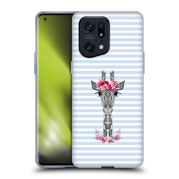 Monika Strigel Flower Giraffe And Stripes Blue Soft Gel Case for OPPO Find X5 Pro