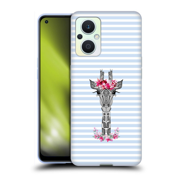 Monika Strigel Flower Giraffe And Stripes Blue Soft Gel Case for OPPO Reno8 Lite