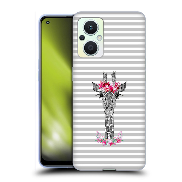 Monika Strigel Flower Giraffe And Stripes Grey Soft Gel Case for OPPO Reno8 Lite