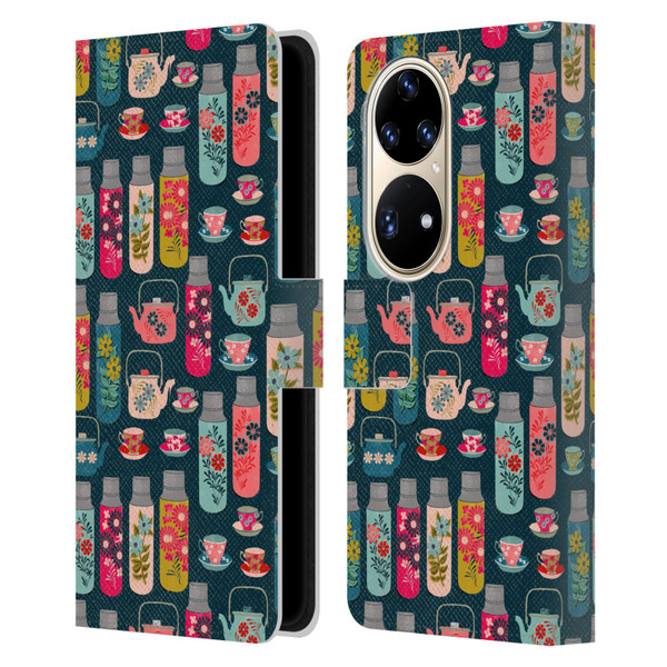 Andrea Lauren Design Food Pattern Jars & Teacups Leather Book Wallet Case Cover For Huawei P50 Pro