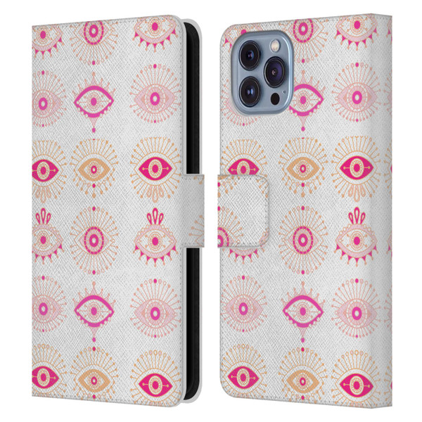 Cat Coquillette Linear Pink Evil Eyes Leather Book Wallet Case Cover For Apple iPhone 14