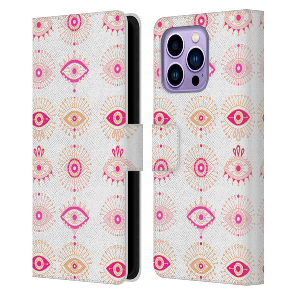 Cat Coquillette Linear Pink Evil Eyes Leather Book Wallet Case Cover For Apple iPhone 14 Pro Max