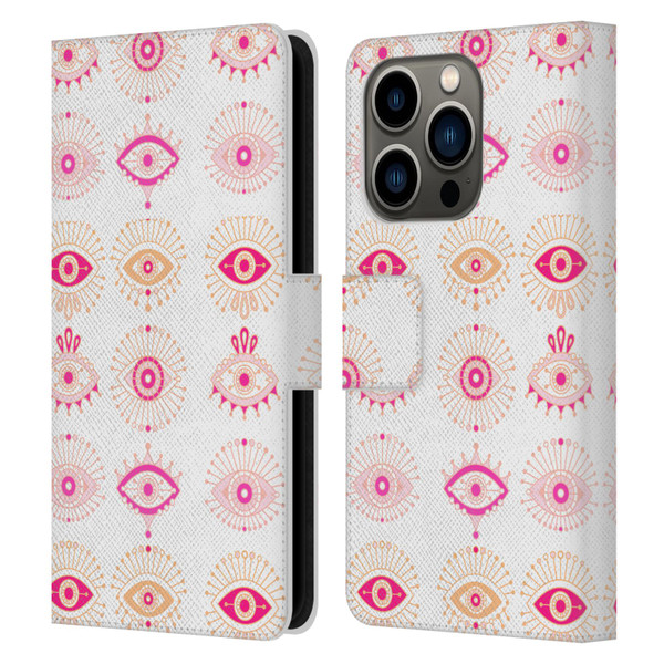 Cat Coquillette Linear Pink Evil Eyes Leather Book Wallet Case Cover For Apple iPhone 14 Pro