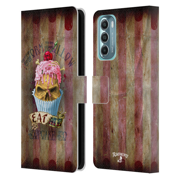 Alchemy Gothic Skull Eat Me Cupcake Leather Book Wallet Case Cover For Motorola Moto G Stylus 5G (2022)
