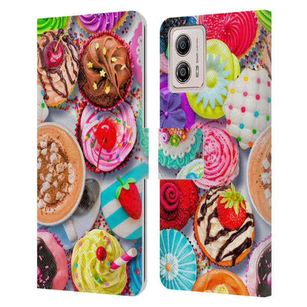 Aimee Stewart Colourful Sweets Cupcakes And Cocoa Leather Book Wallet Case Cover For Motorola Moto G53 5G