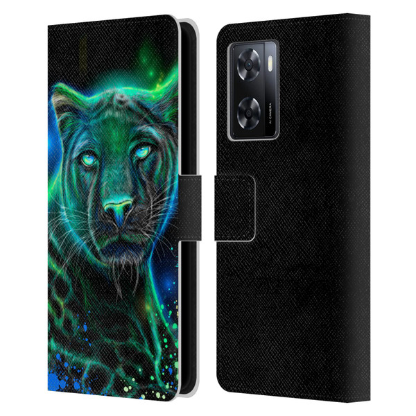 Sheena Pike Big Cats Neon Blue Green Panther Leather Book Wallet Case Cover For OPPO A57s