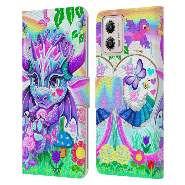 Sheena Pike Dragons Cross-Stitch Lil Dragonz Leather Book Wallet Case Cover For Motorola Moto G53 5G