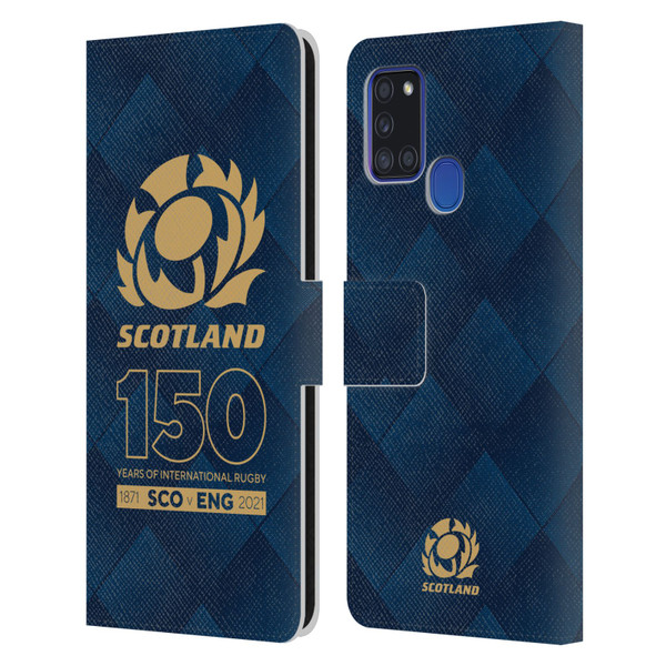 Scotland Rugby 150th Anniversary Halftone Leather Book Wallet Case Cover For Samsung Galaxy A21s (2020)