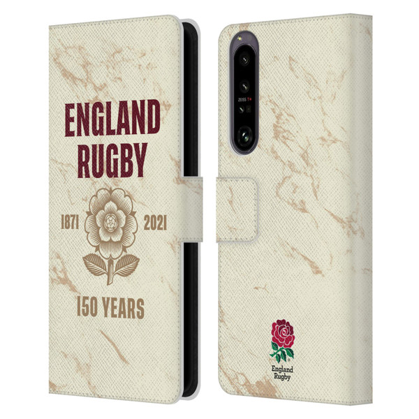 England Rugby Union 150th Anniversary Marble Leather Book Wallet Case Cover For Sony Xperia 1 IV