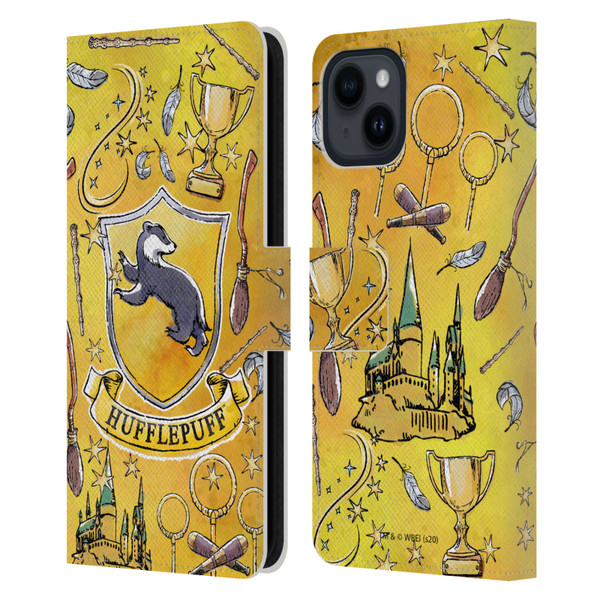 Harry Potter Deathly Hallows XIII Hufflepuff Pattern Leather Book Wallet Case Cover For Apple iPhone 15