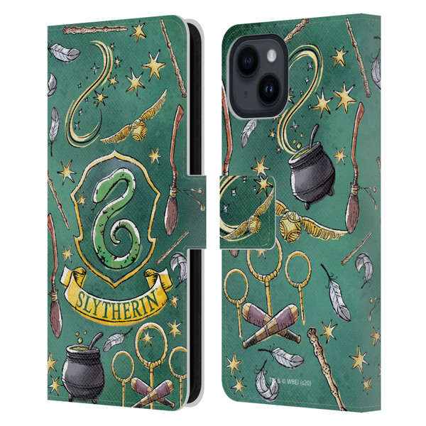 Harry Potter Deathly Hallows XIII Slytherin Pattern Leather Book Wallet Case Cover For Apple iPhone 15