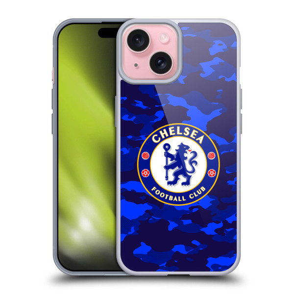 Chelsea Football Club Crest Camouflage Soft Gel Case for Apple iPhone 15