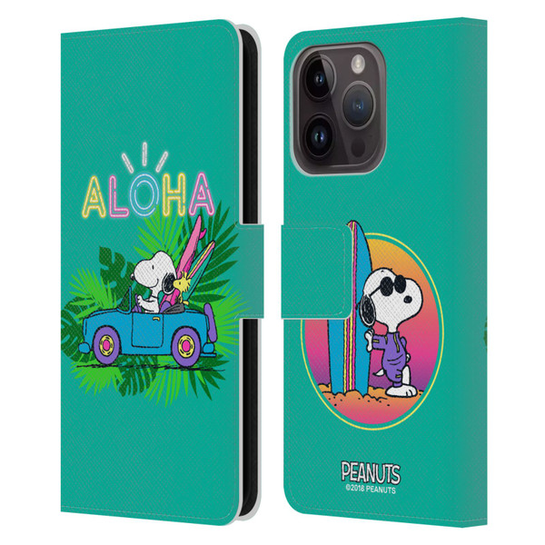 Peanuts Snoopy Aloha Disco Tropical Surf Leather Book Wallet Case Cover For Apple iPhone 15 Pro