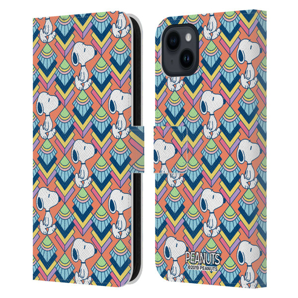 Peanuts Snoopy Deco Dreams Orange Pattern Leather Book Wallet Case Cover For Apple iPhone 15 Plus