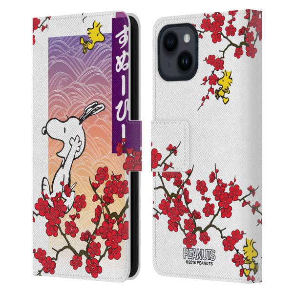 Peanuts Oriental Snoopy Cherry Blossoms 2 Leather Book Wallet Case Cover For Apple iPhone 15
