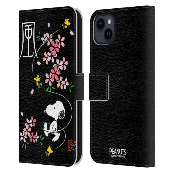 Peanuts Oriental Snoopy Cherry Blossoms Leather Book Wallet Case Cover For Apple iPhone 15 Plus