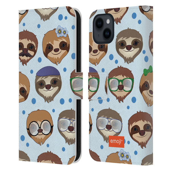 emoji® Sloth Pattern Leather Book Wallet Case Cover For Apple iPhone 15 Plus