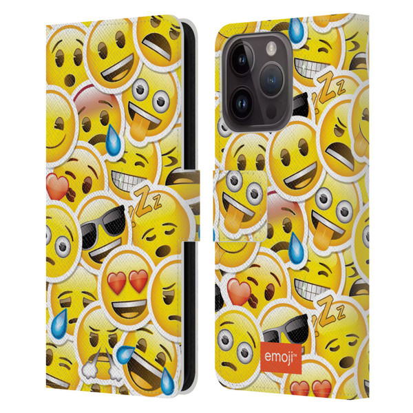 emoji® Smileys Stickers Leather Book Wallet Case Cover For Apple iPhone 15 Pro