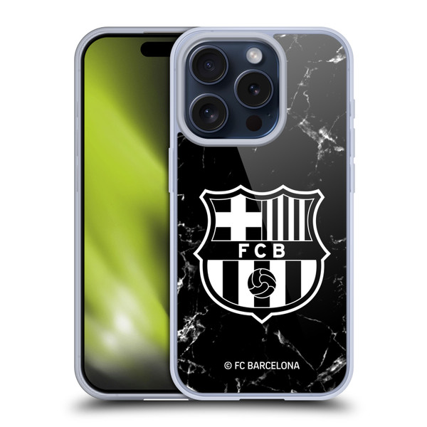 FC Barcelona Crest Patterns Black Marble Soft Gel Case for Apple iPhone 15 Pro & MagSafe