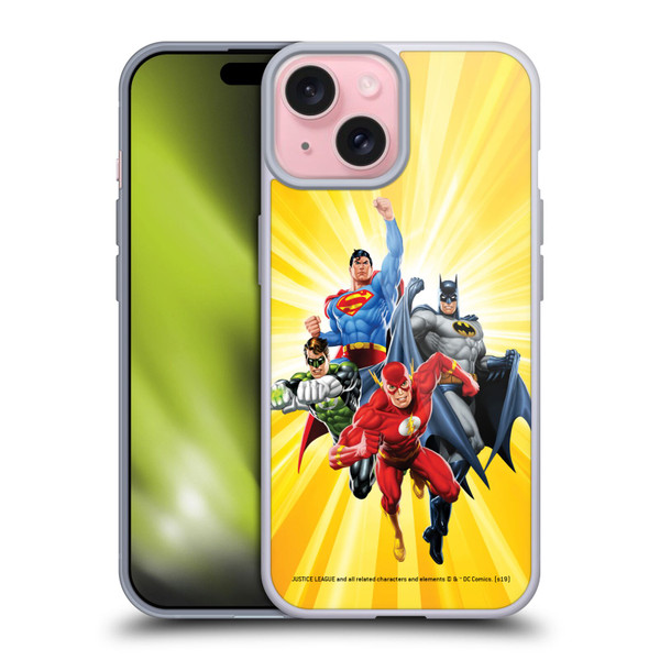 Justice League DC Comics Airbrushed Heroes Yellow Soft Gel Case for Apple iPhone 15