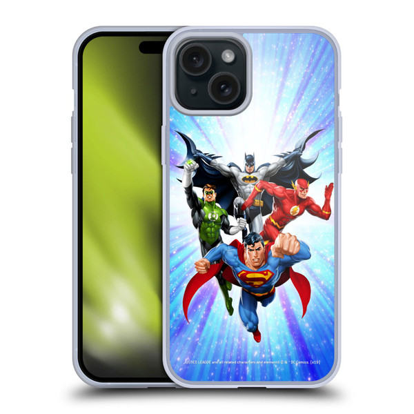 Justice League DC Comics Airbrushed Heroes Blue Purple Soft Gel Case for Apple iPhone 15 Plus