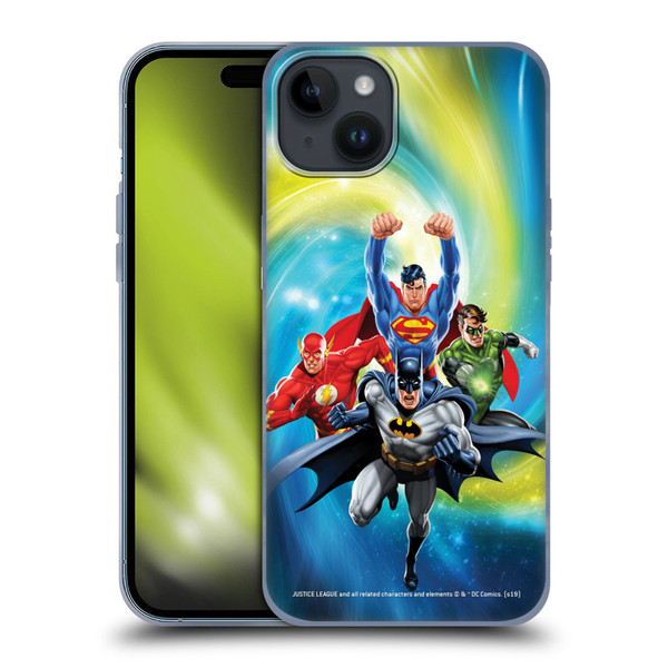 Justice League DC Comics Airbrushed Heroes Galaxy Soft Gel Case for Apple iPhone 15 Plus