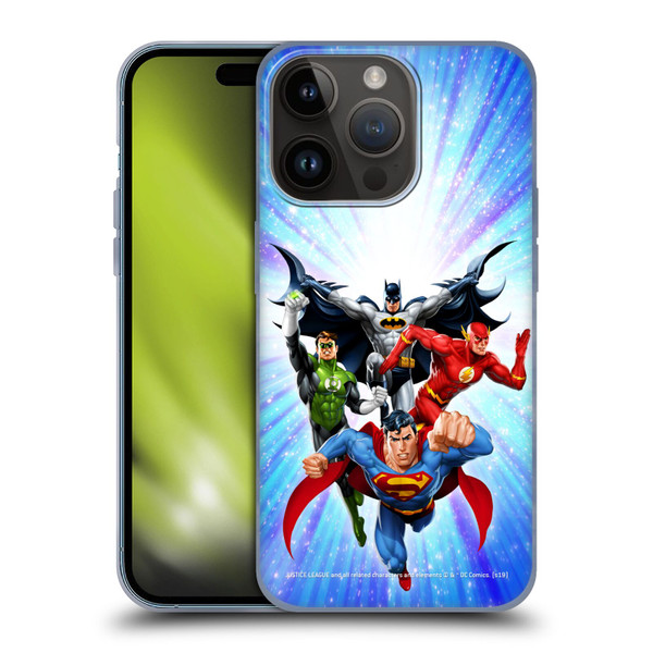 Justice League DC Comics Airbrushed Heroes Blue Purple Soft Gel Case for Apple iPhone 15 Pro