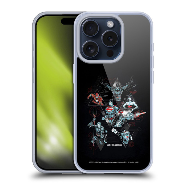 Justice League DC Comics Dark Electric Graphics Heroes Triangle Soft Gel Case for Apple iPhone 15 Pro