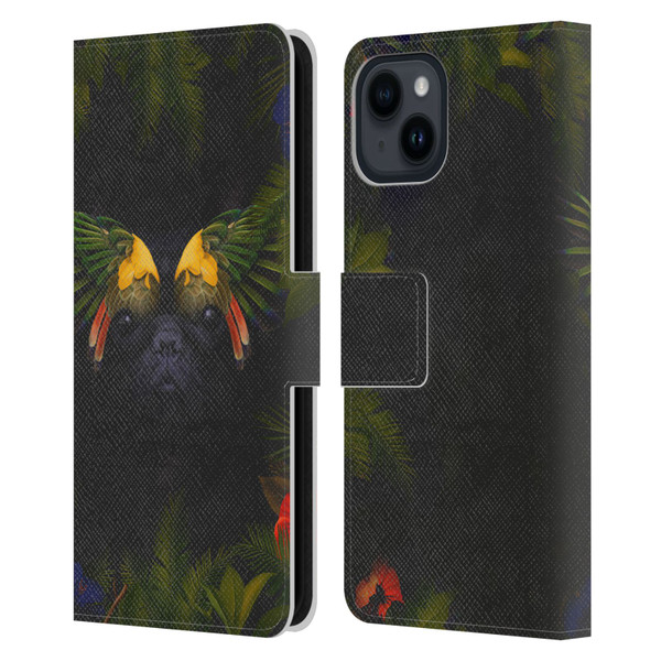 Klaudia Senator French Bulldog 2 Bird Feathers Leather Book Wallet Case Cover For Apple iPhone 15