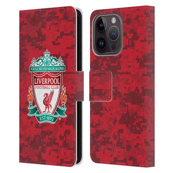 Liverpool Football Club Digital Camouflage Home Red Crest Leather Book Wallet Case Cover For Apple iPhone 15 Pro