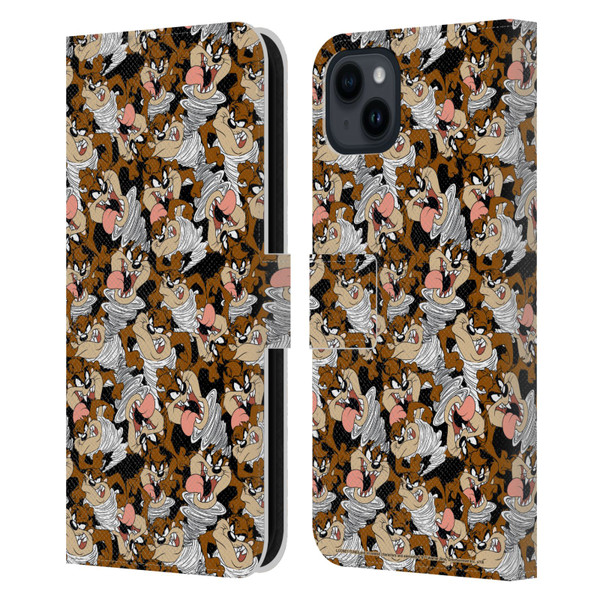 Looney Tunes Patterns Tasmanian Devil Leather Book Wallet Case Cover For Apple iPhone 15 Plus