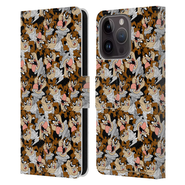 Looney Tunes Patterns Tasmanian Devil Leather Book Wallet Case Cover For Apple iPhone 15 Pro