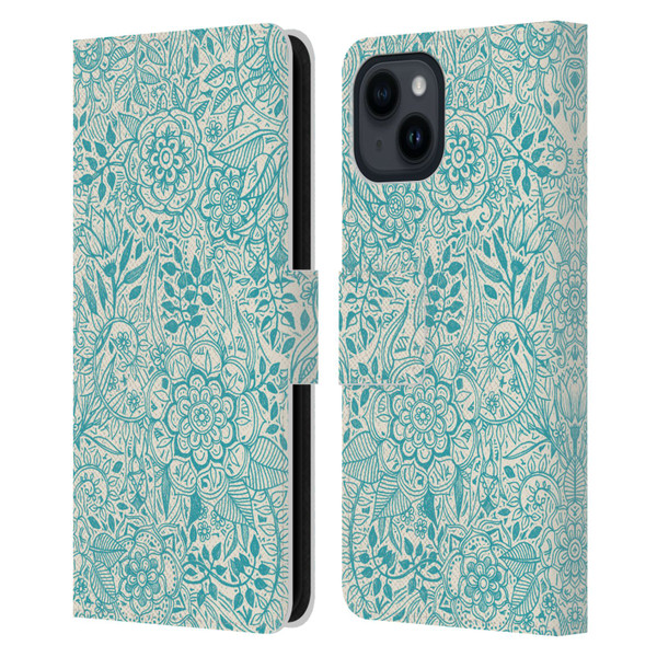 Micklyn Le Feuvre Floral Patterns Teal And Cream Leather Book Wallet Case Cover For Apple iPhone 15