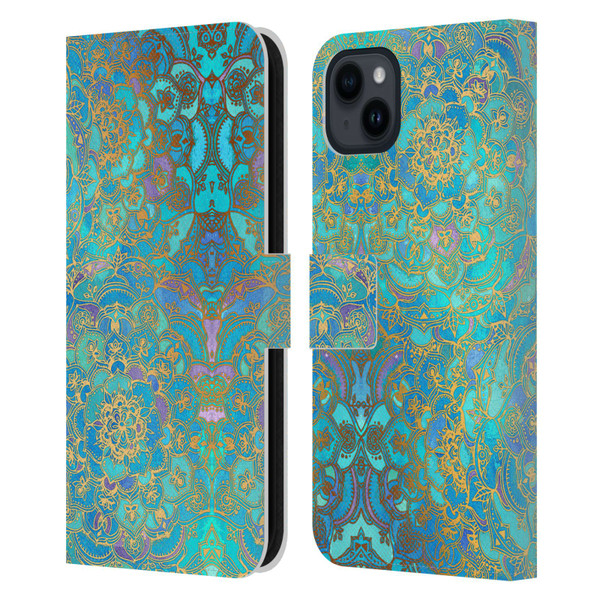 Micklyn Le Feuvre Mandala Sapphire and Jade Leather Book Wallet Case Cover For Apple iPhone 15 Plus