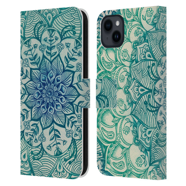 Micklyn Le Feuvre Mandala 3 Emerald Doodle Leather Book Wallet Case Cover For Apple iPhone 15 Plus