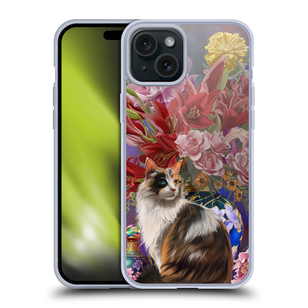 Nene Thomas Art Cat With Bouquet Of Flowers Soft Gel Case for Apple iPhone 15 Plus