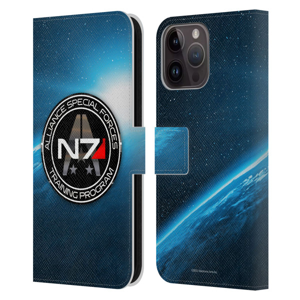 EA Bioware Mass Effect 3 Badges And Logos N7 Training Program Leather Book Wallet Case Cover For Apple iPhone 15 Pro Max