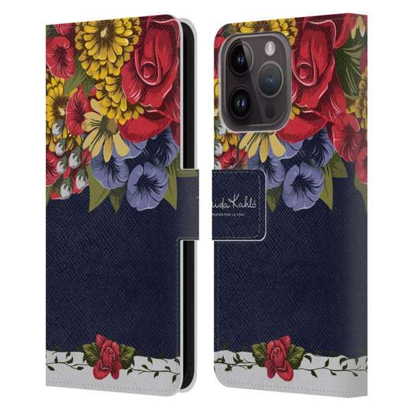 Frida Kahlo Red Florals Blooms Leather Book Wallet Case Cover For Apple iPhone 15 Pro