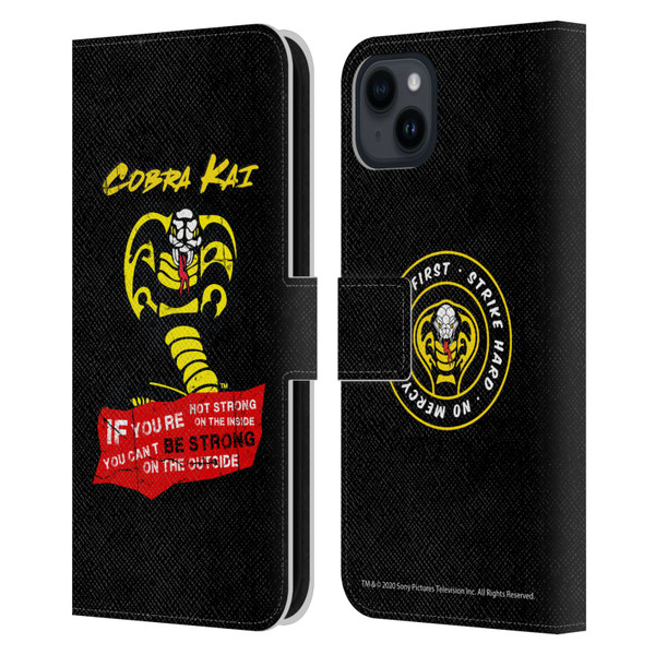 Cobra Kai Composed Art Be Strong Logo Leather Book Wallet Case Cover For Apple iPhone 15 Plus
