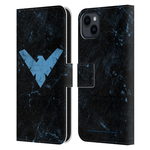 Batman DC Comics Nightwing Logo Grunge Leather Book Wallet Case Cover For Apple iPhone 15 Plus