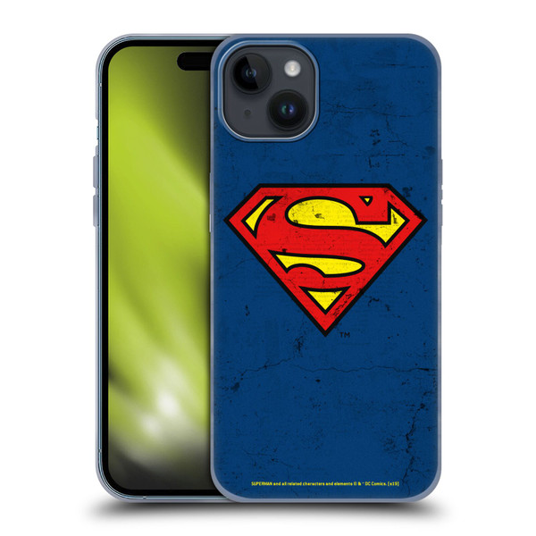 Superman DC Comics Logos Distressed Look Soft Gel Case for Apple iPhone 15 Plus